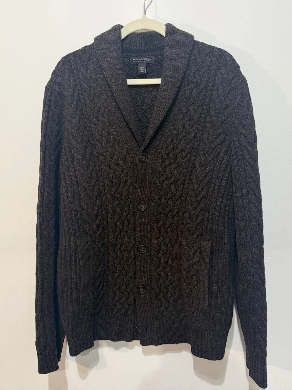 EUC Banana Republic Men's Recycled Wool Dark Brown Cable Knit Cardigan